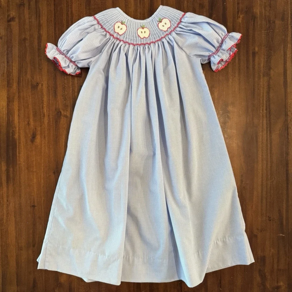The Smockling Smocked Apple Dress Size 4 Blue Gingham Back To School - Picture 3 of 7